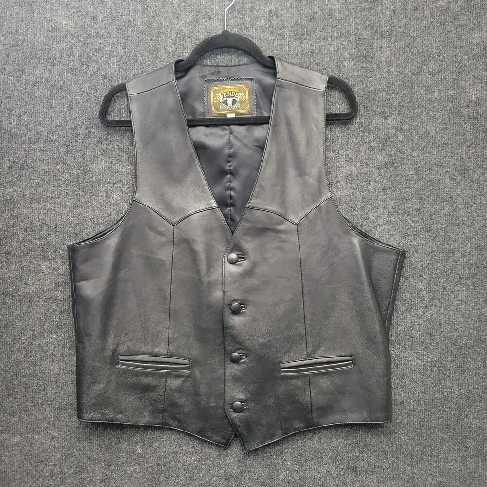 Cavender's Mens Leather Vest Western Ranch Cowboy Biker XXL Black Button Front